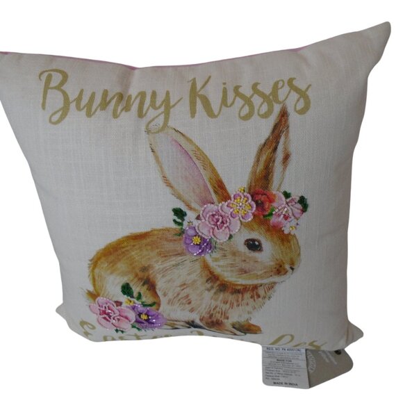 Bunny Kisses Easter Wishes Pillow with beaded accents 16x16" Bunny Floral - Picture 3 of 6